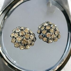 Vintage Disco Ball Rhinestone Clip On Earrings 1" Silver Tone Sparkle Beads VG